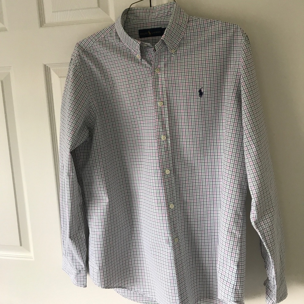 Pink and green plaid button up shirt (item 040)